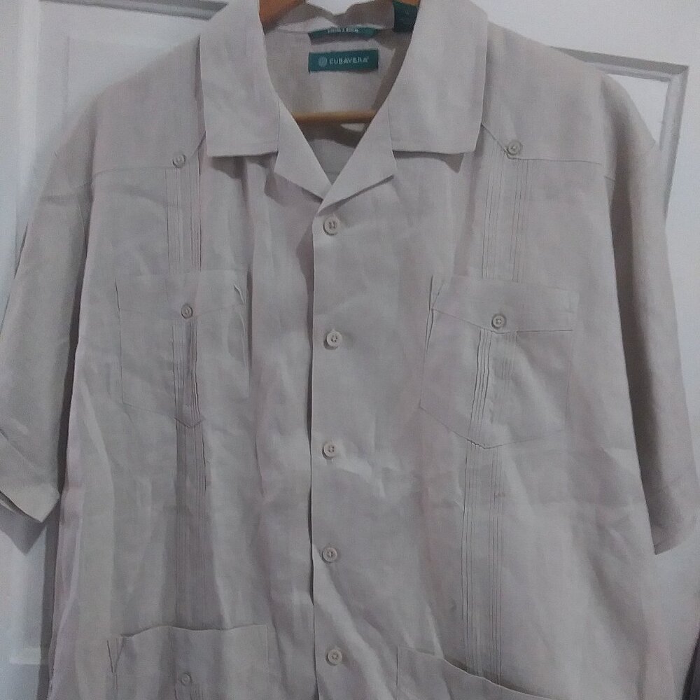 Cubavera Mens Shirt sz L Green tag 100% Linen Button Down Short Sleeve Biege